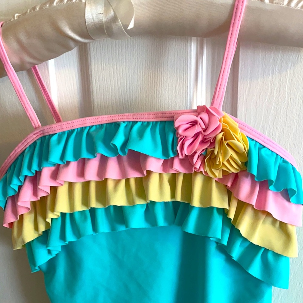 GIRLS RUFFLE AQUA SWIMSUIT - Picture 3 of 7